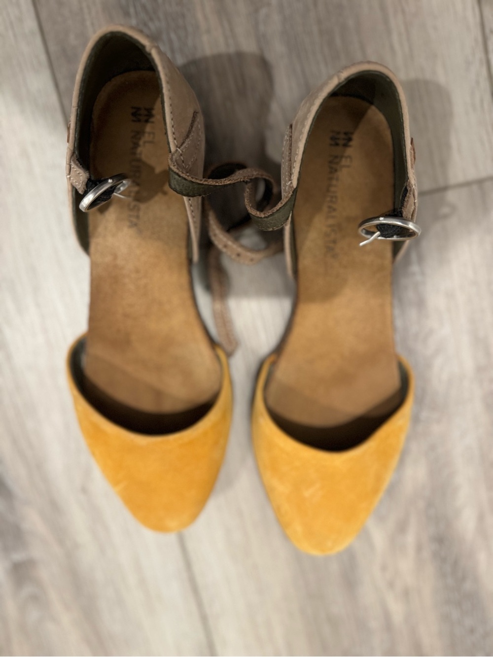 Naturalizer Two-Tone Yellow and Taupe Ankle-Strap Flats